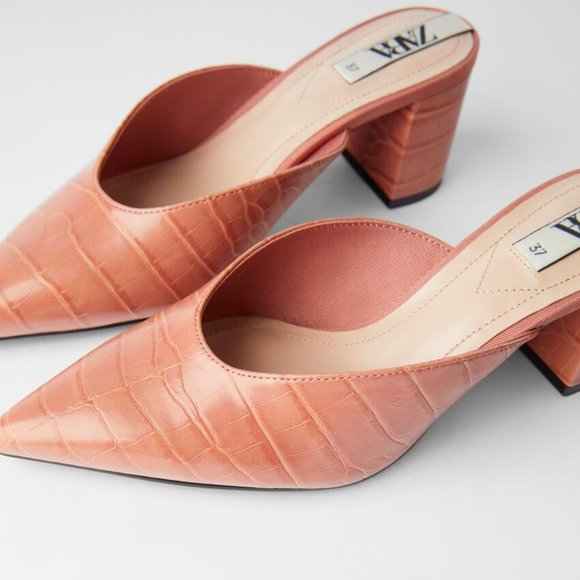 NWT Zara Light Pink Animal Print Mid-Heel Mules - Picture 3 of 11
